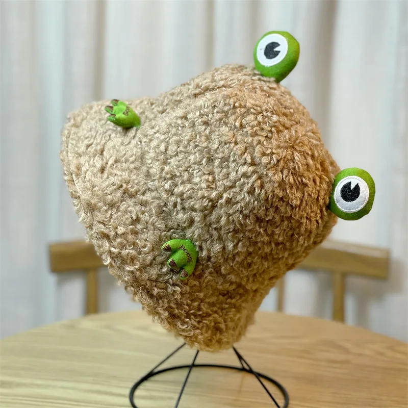 MOTE-ZA314 High Quality Frog Lamb Hair Fisherman Hat cute bucket hats Wool Hats Warm Women Winter Cap
