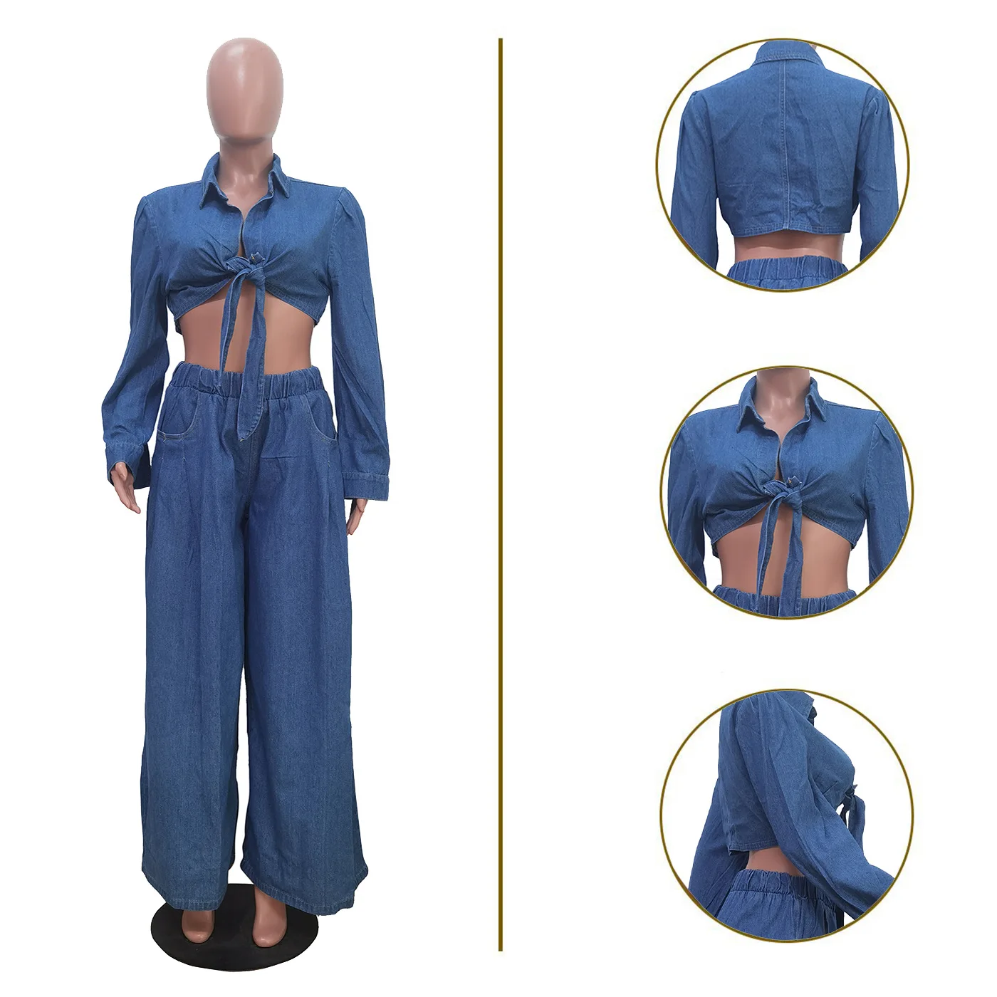 TS1314 Casual Wide Leg Pants Denim Two Piece Set