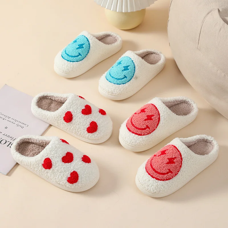 Custom Cartoon Logo Design Fluffy Comfy Adult Flat Bedroom Home Thermal Plush Slippers For Man Woman