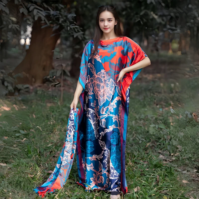 Middle East Islamic Muslim Party Dress Luxury Designer Silk Printed Kaftan Fashion Silk Dressing Gowns For Women Large Size Robe