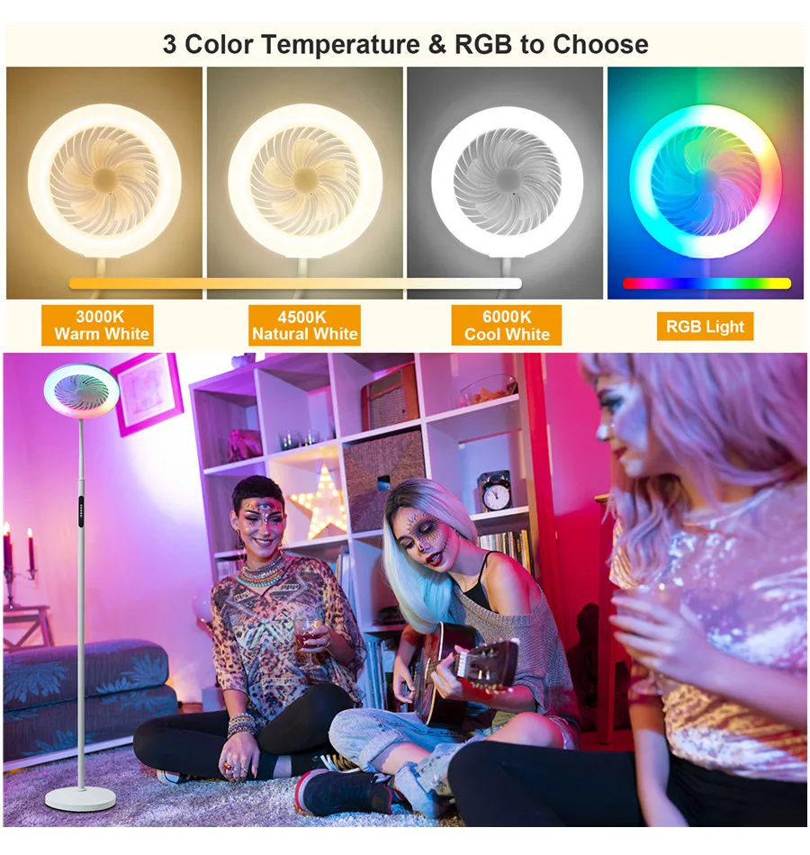 New Arrival AC100-240V DC5V 12W 3 Wind Speeds PP+Iron pipe 3 Color Temperature and RGB to Choose Modern LED Lamp with Quiet Fan