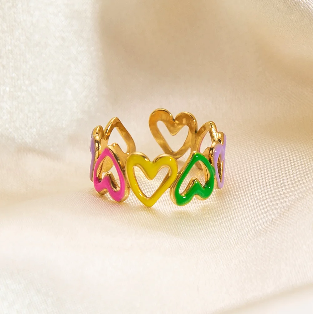 yuhui Color Drip Love Open Ring small stainless steel plated 18K gold ring high-grade summer feeling