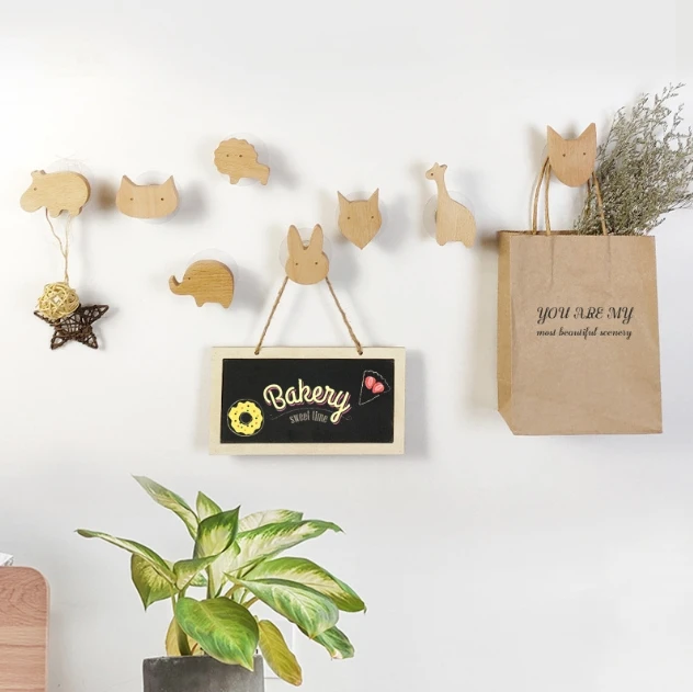 Fun Animal Creative Wooden Traceless Adhesive Hook  Hat  Door Back Hook Beech Wood Clothes Hook