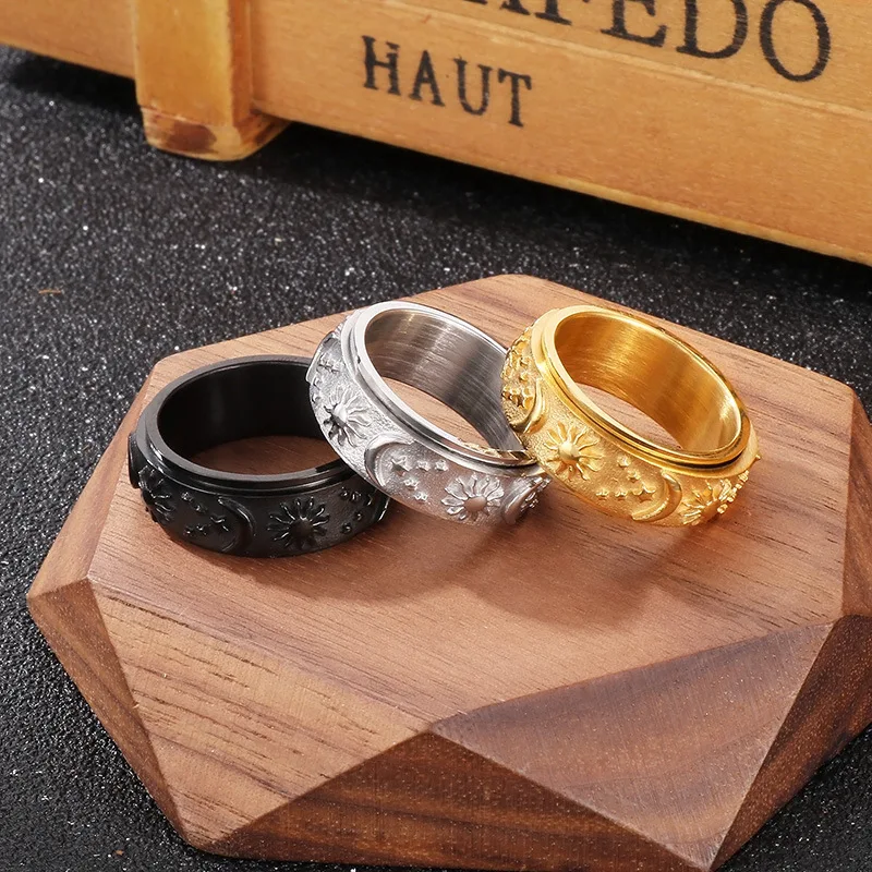 Hot Sale Fashion Men Women Rings Stainless Steel Rotatable Spinning Ring Star Sun Moon Bohemian Rings