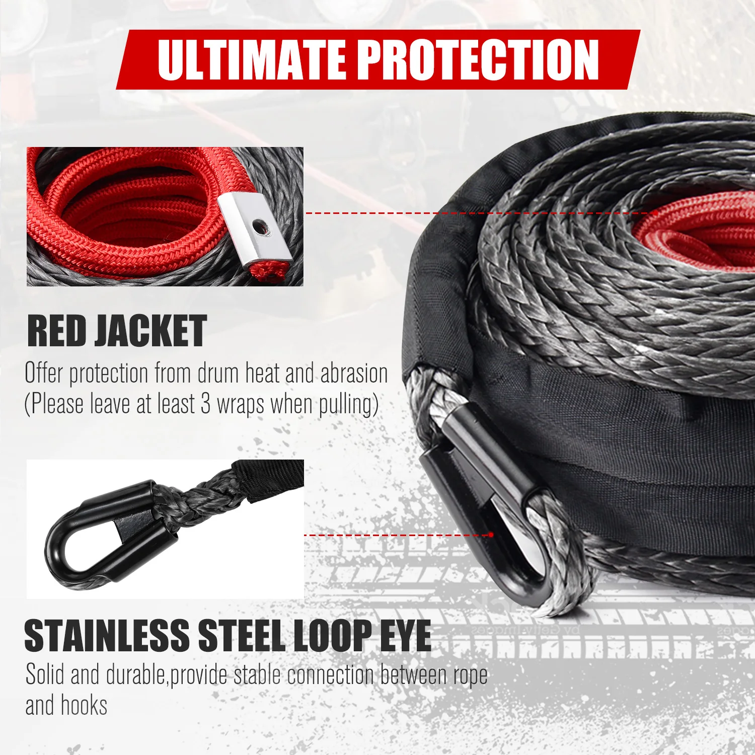 FIERYRED 3/8' Inch X 85FT Breaking Strength Synthetic Winch Rope With Black 4WD Hook for SUV ATV Trailers Offroad