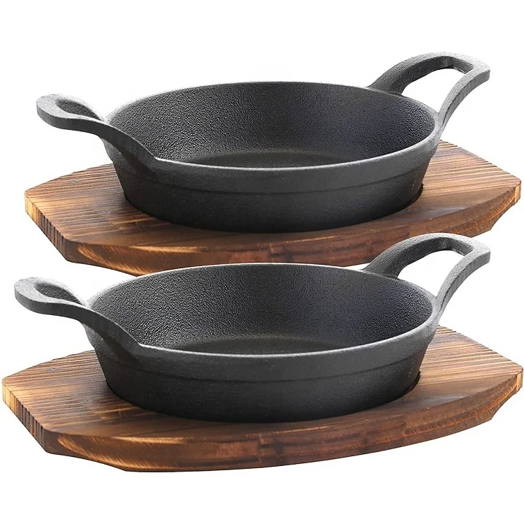 Metal Rectangular Cast-Iron Hot Sizzler Pan Cast Iron Serving Pan With Wooden Base