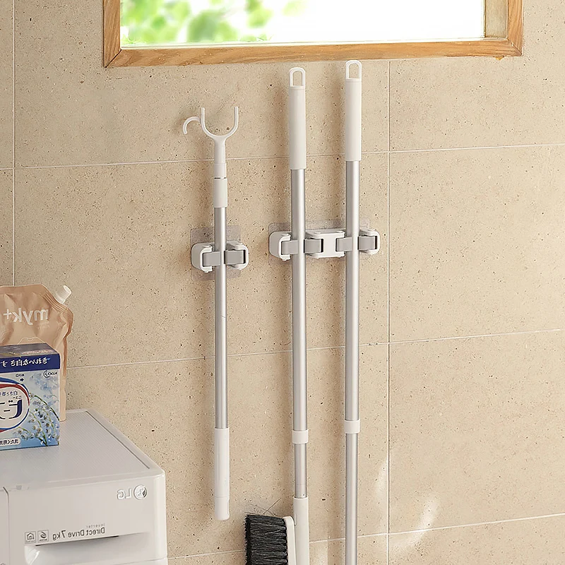 Bathroom Plastic Storage Rack Soft Glue Mop Hook  Clip Traceless Buckle Wall Mounted Adhesive Mop Holder