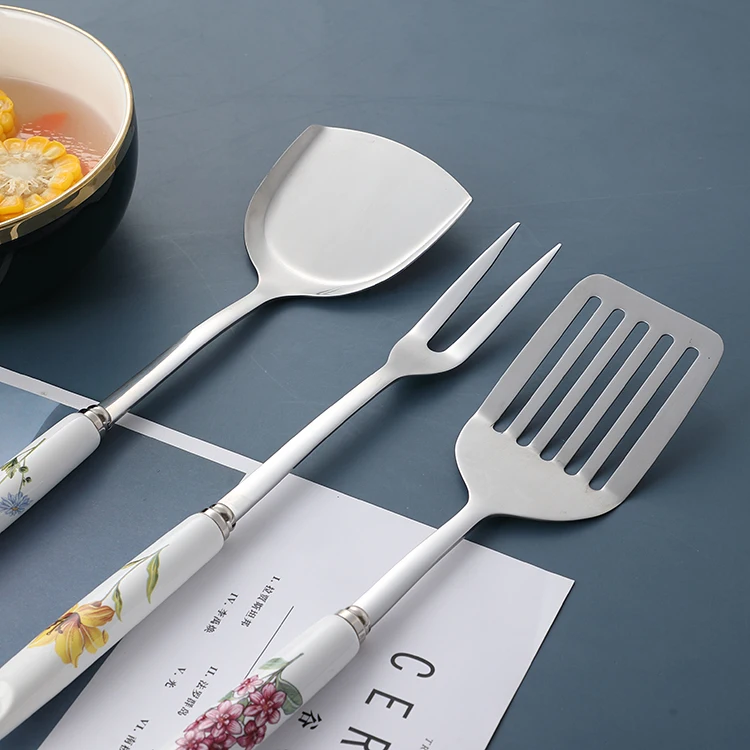 Wholesale 7Pcs Floral Ceramic Handle Stainless Steel Utensil Cooking Set Kitchen Utensils From China