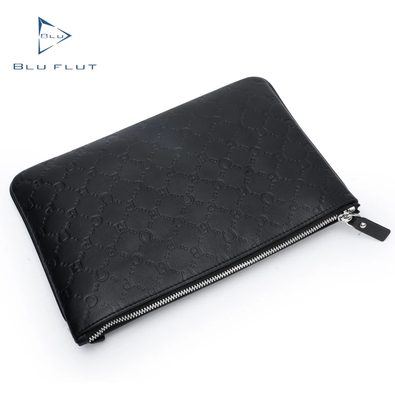 Hot selling wholesale man clutch bag rfid genuine leather wallet envelope bag zipper  full emboss logo vintage black clutch bag