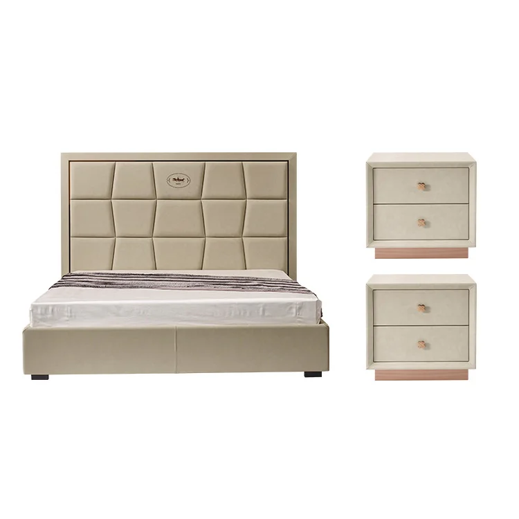 Superior Quality Modern Bed Set Leather Solid Wood King Size Bed Set Luxury With 2 Bedside Tables