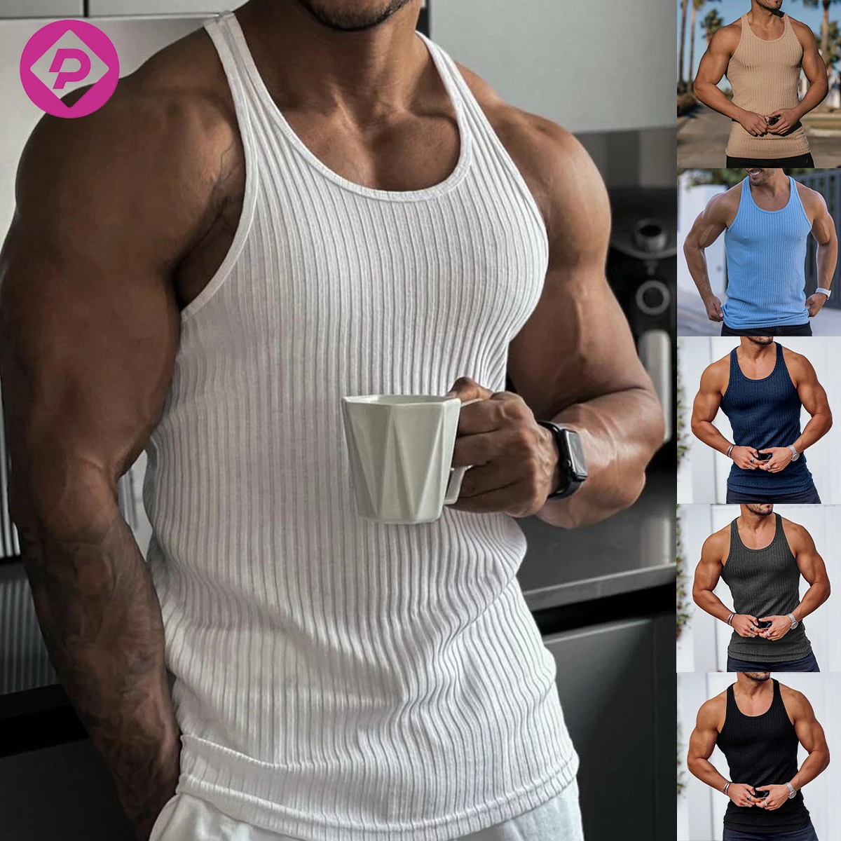 Summer Streetwear Custom Printed High Quality Sustainable Quare Collar Muscle Fit Ribbed Tank Top For Men