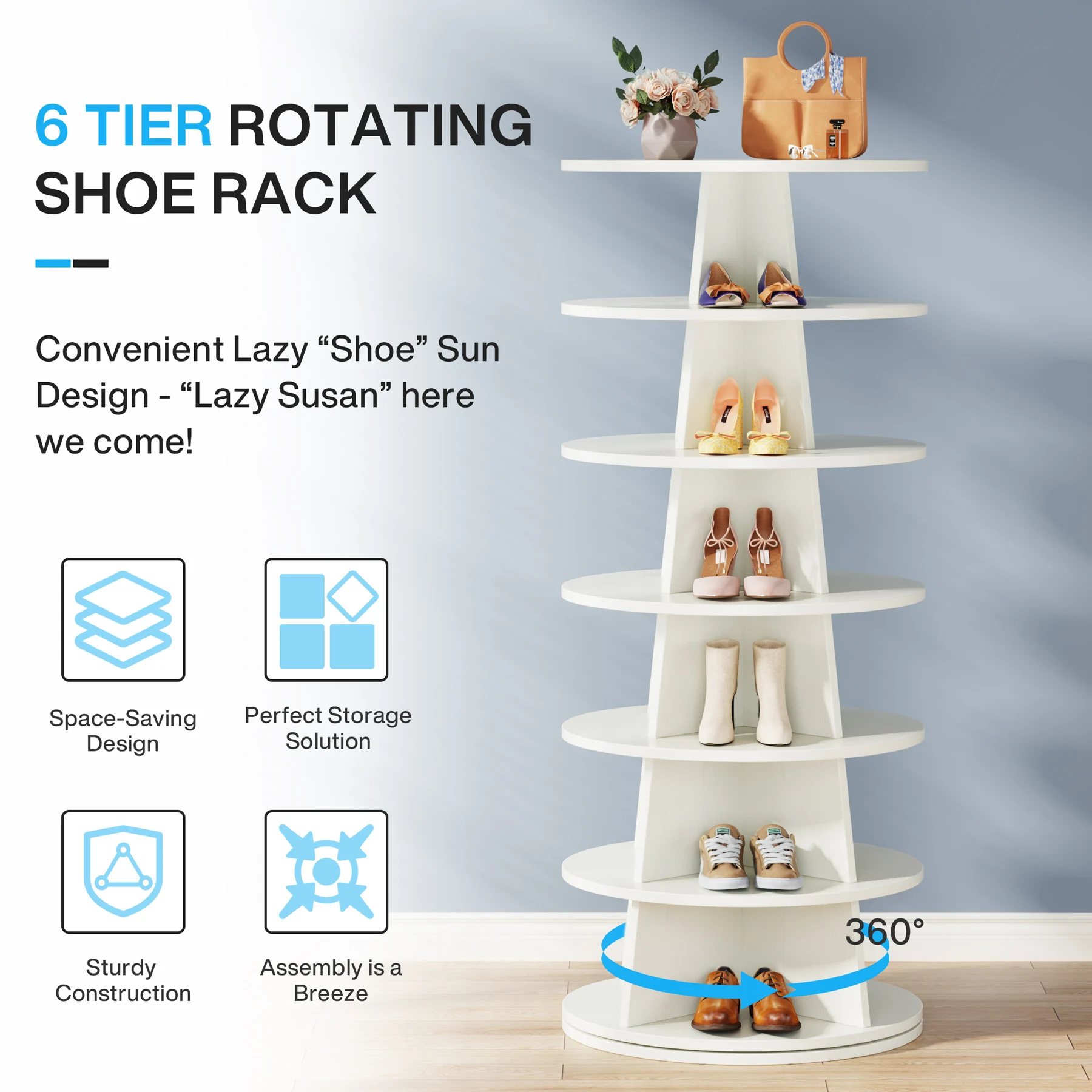 Tribesigns White Modern 7-Tier 24 Pairs Storage Shelf 360 Rotating Revolving Shoe Display Racks cabinet Zapatero giratorio