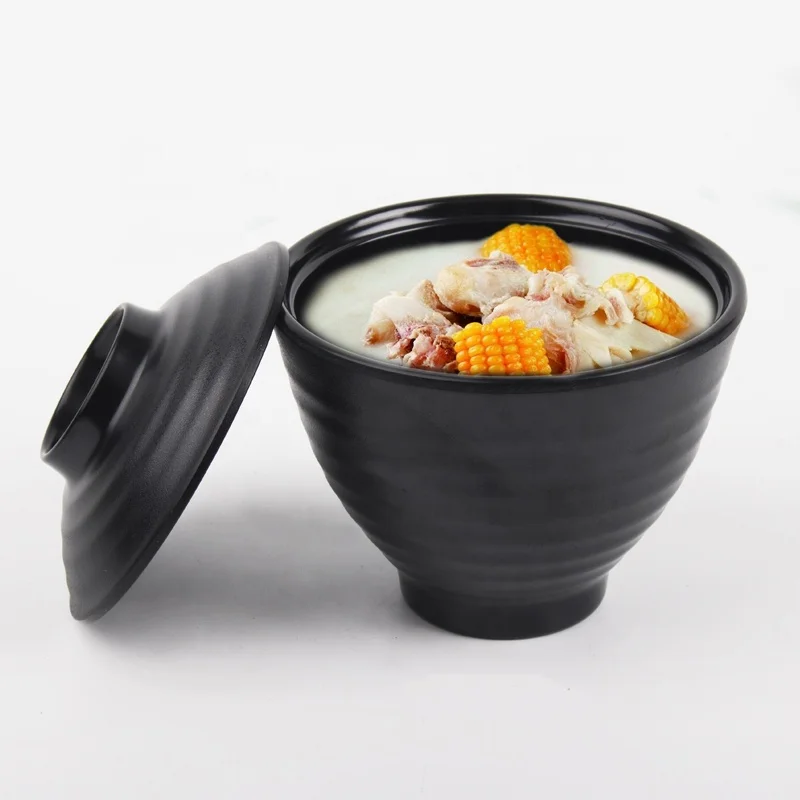 Japanese Miso Soup Serving 4 Inch Black Matte Melamine Rice Bowl with lid
