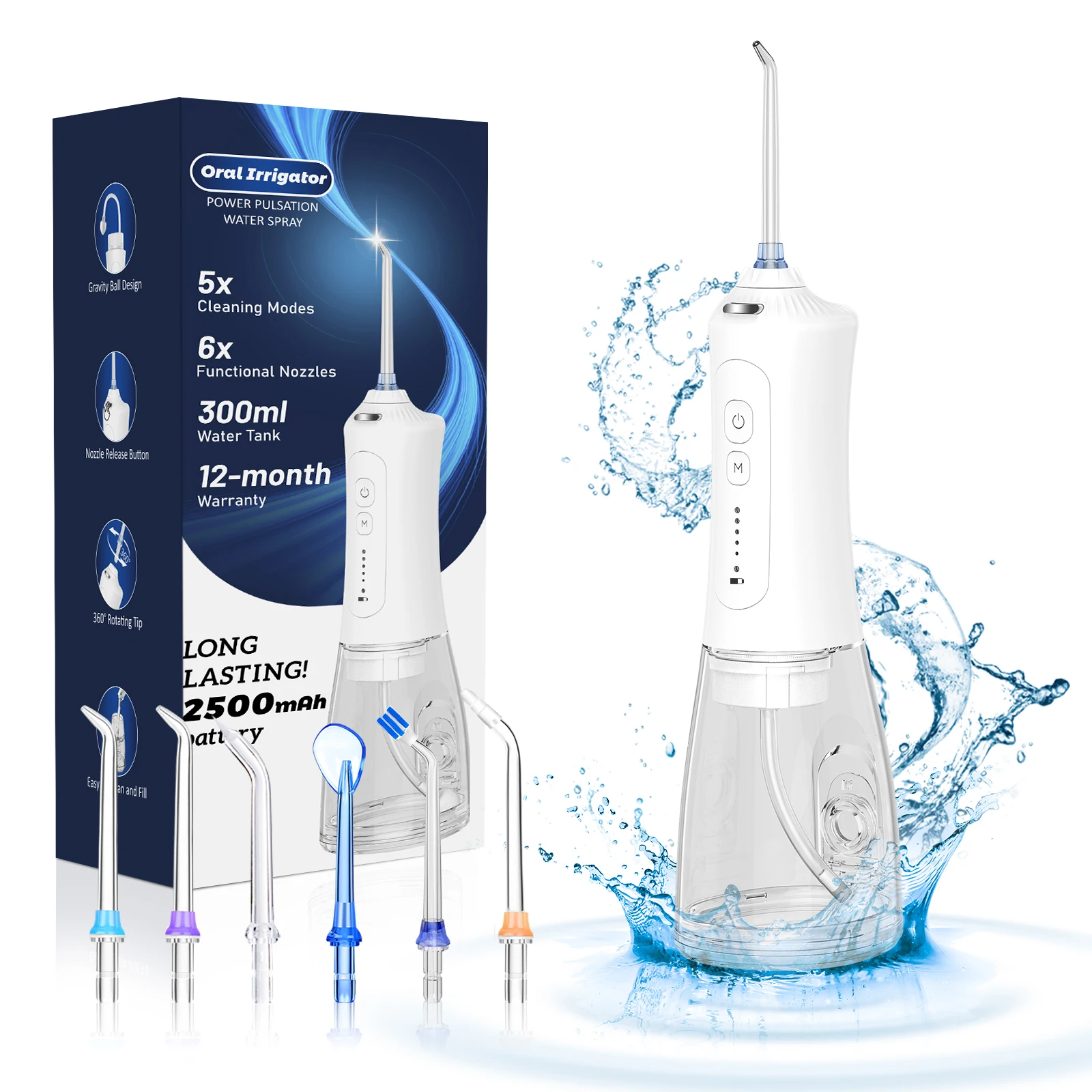 H2ofloss 2024 Hot Selling OEM Water Flosser With 5 Modes Portable 300ml Waterproof IPX7 Electric Dental Tooth Cleanser
