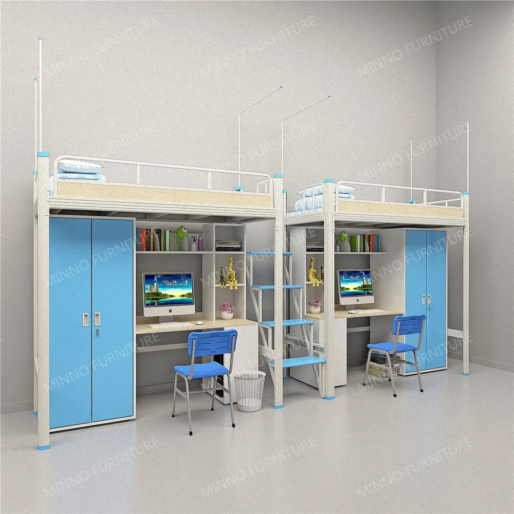 Modern Dormitory Metal Double Bunk Bed with Desk and Wardrobe