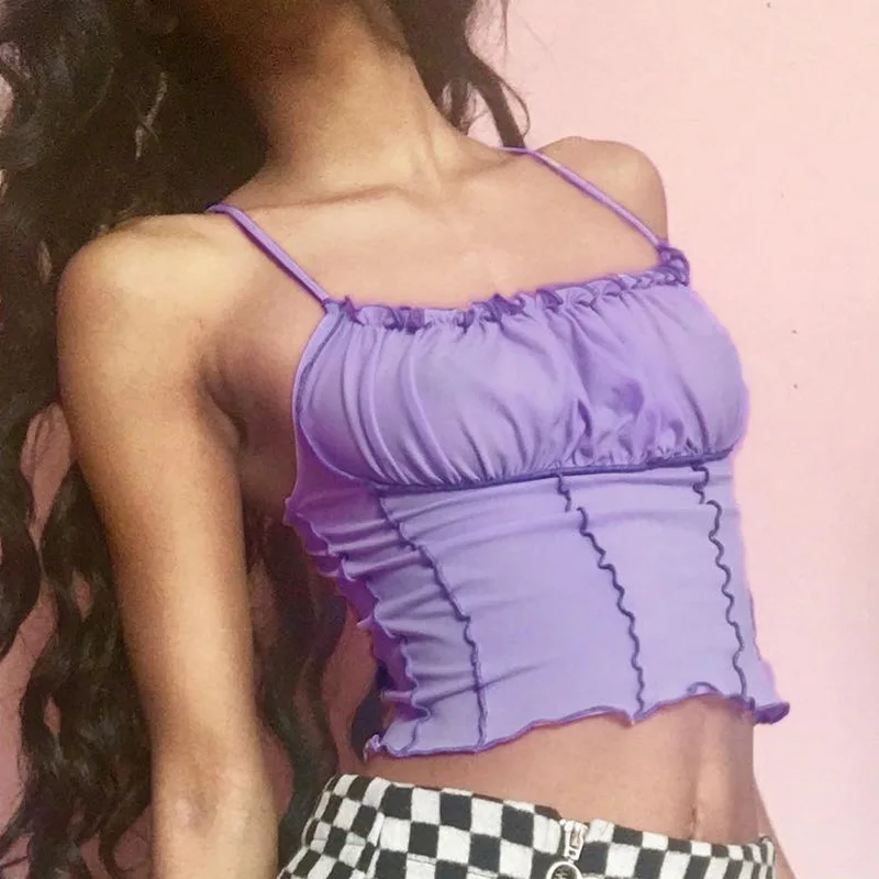 
Sexy Bodycon Backless Crop Top Purple Strap Knitted Camis Streetwear Fold Cropped Camisole Tops For Women 