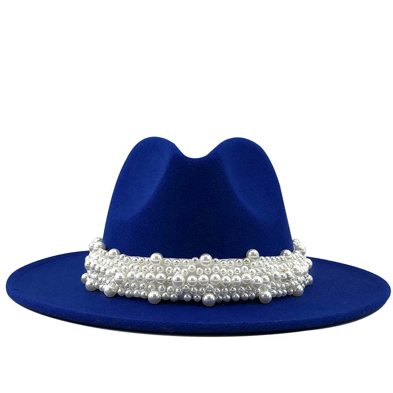 British Style Fashion Elegant Jazz Hat Pearl Top Hat Big Brim Ladies Woolen Hat
