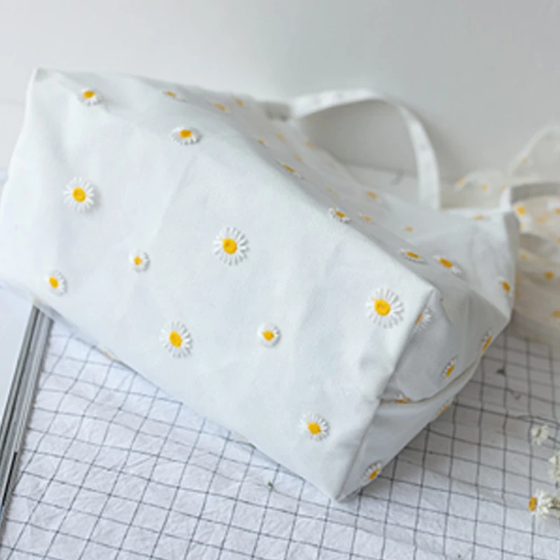 Custom casual floral tote bag embroidered lace daisy canvas fashion bags for ladies girls