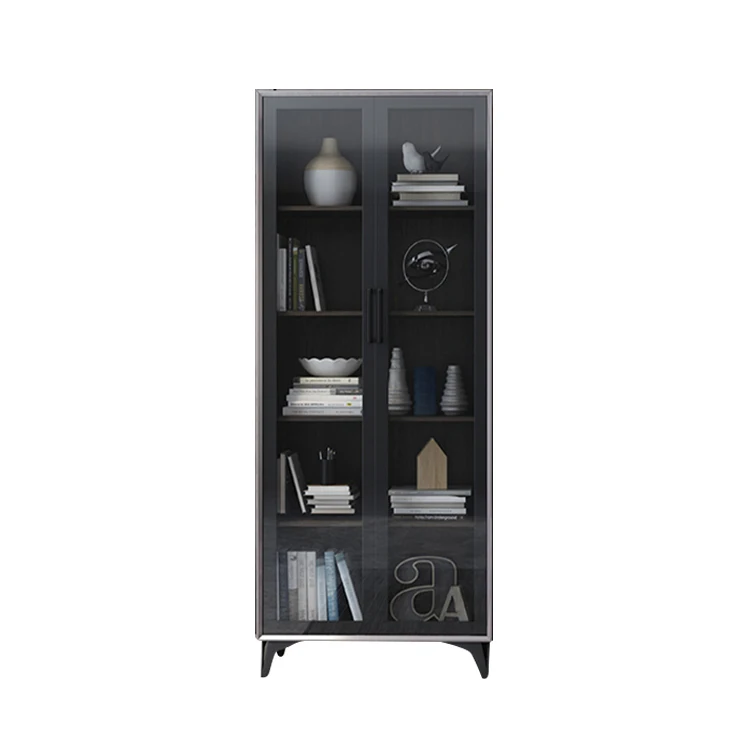 Custom Modern Grey Glass Bookcase Bookshelf With Glass Door Book Shelf Cabinet