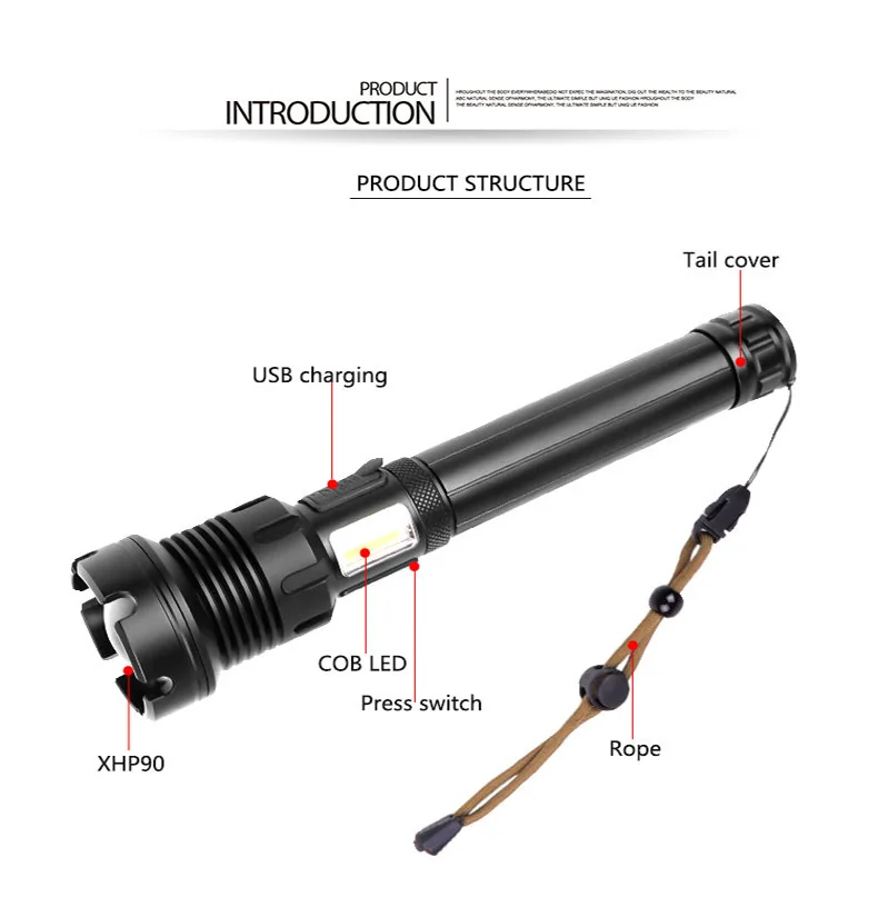 XHP90 COB torches led super bright flashlight long range 500M powerful 450-3800LM USB interface waterproof handheld flashlight