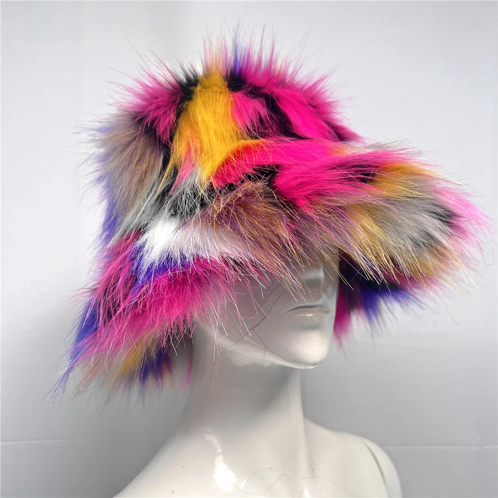 Tie Dye Plush Color Blocking Faux Fur Bucket Hat for Women Fuzzy Party Warm Soft Multi Colors Pattern Fox Fur Winter Hat