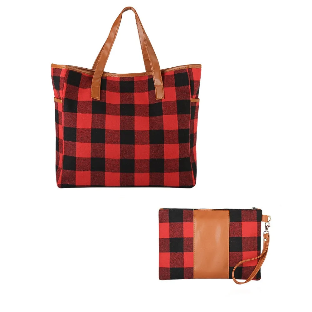 Christmas Buffalo Plaid Tote Bag Shoulder Check Cosmetic Set Red Black PU Travel Tote Bag for Woman