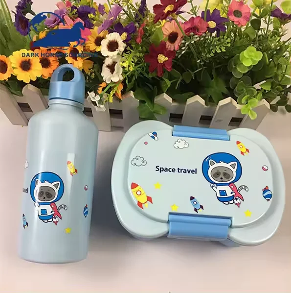 2024 School Kids Double Water Bottles Leakproof Plastic Microwave Snack Sandwich Food Container Cartoon Portable Bento Lunch Box