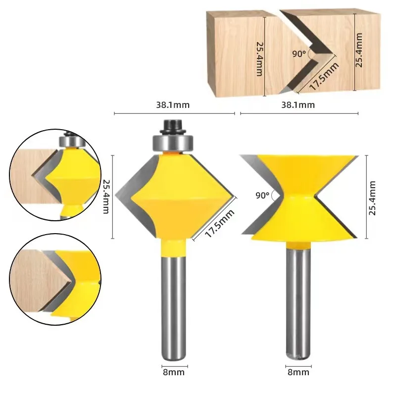 2pcs 1/2 8mm Shank 90Degree Edge Banding Router Bit Set V-Design Tongue & Groove Splicing Bits Carbide Tips Milling Cutter Wood