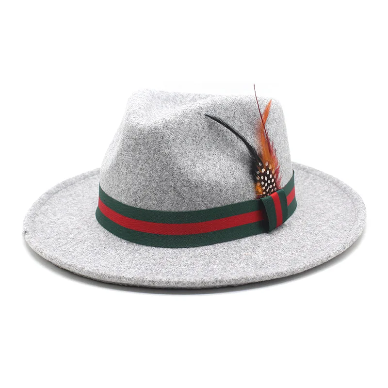 Wholesale  New Trendy Green Red Stripe Ribbon Feather Short Brim Fedora Hats for Men Fit Fashion Suits