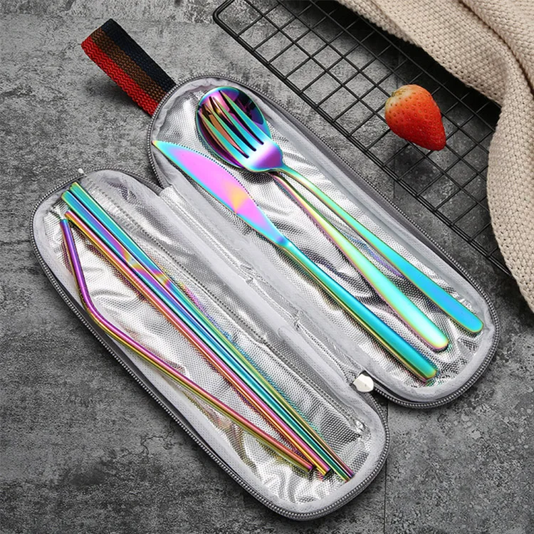 Brilliant Custom Elegant Metal Stainless Steel Spoon And Fork Flatware Sets Table Cutlery Straw Gift Set