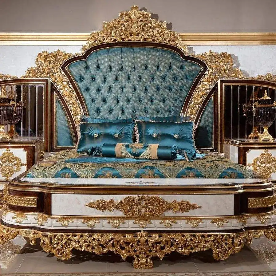 Кровать размера «Queen-Size» в стиле «Золотое барокко» с ручной резьбой роскошная мебель для спальни отелях из тикового дерева