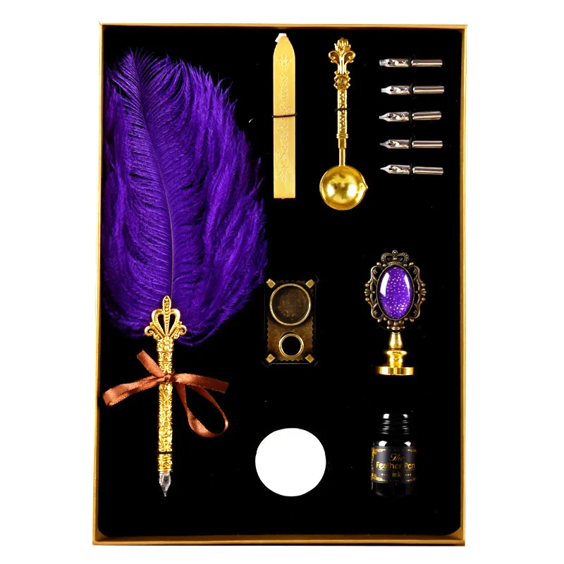 Luxury Fountain Pen Set Natural Ostrich Plume Dip Quill Pen Set Calligraphy Writing Dip Pen