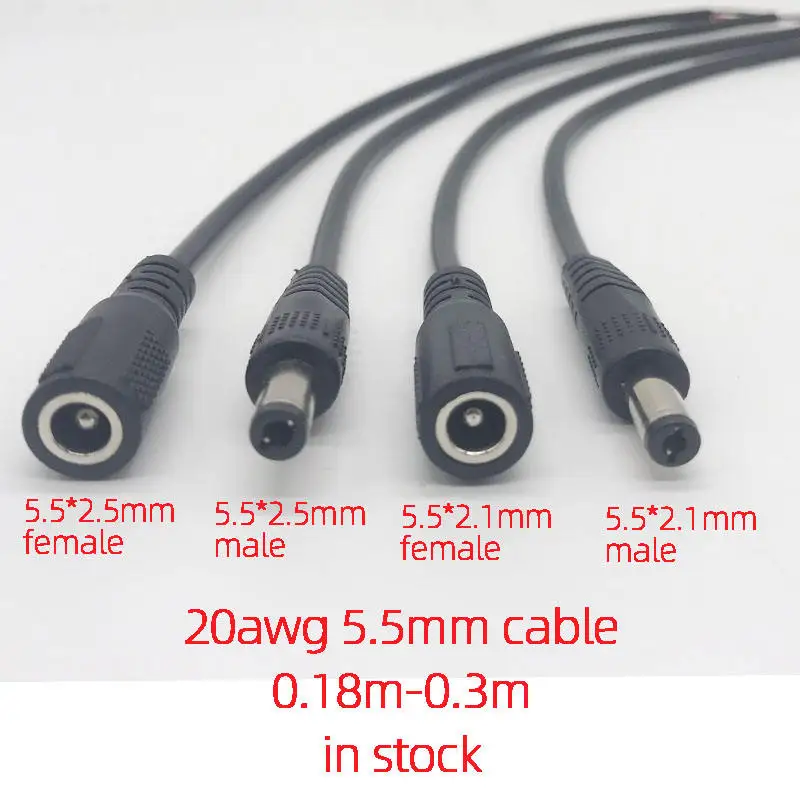 Custom DC 5.5*2.1mm 5.5*2.5mm Male Female to open End Stripped Wire DC Pigtail Cable DC5521 DC5525 DC power extension cable