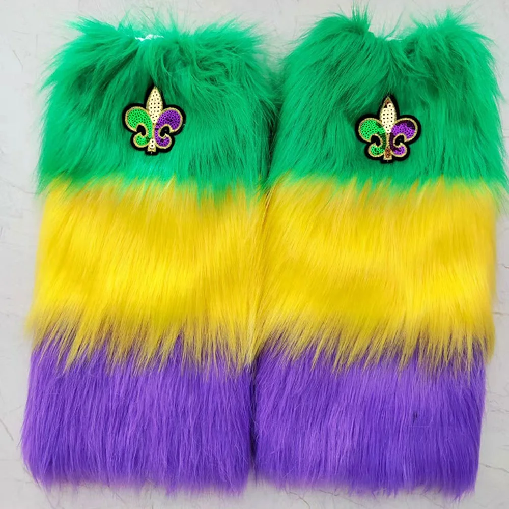 Носки для косплея, карнавальные носки Mardi Gras, желто-фиолетовые зеленые чехлы для ног Mardi Gras, пушистый искусственный мех De Lis Mardi Gras, теплые ноги