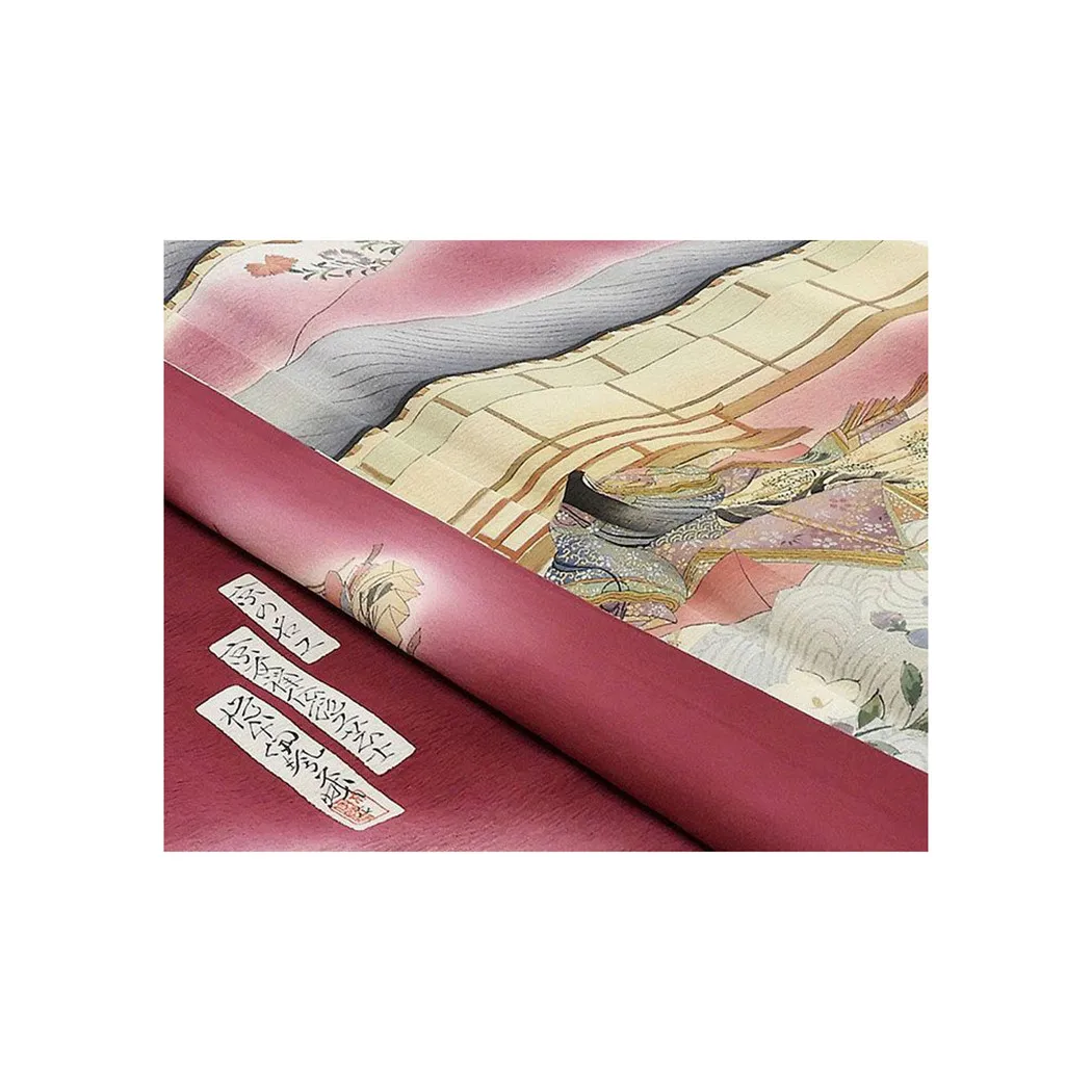 Wine-red imperial Palace pattern japanese custom satin silk kimono