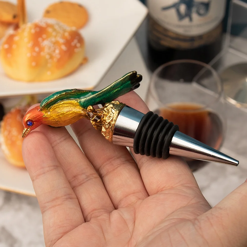 Custom Wine Bottle Stopper Silicone Zink Alloy Metal Silicone Enamel Color Parrot Animal Head Red Wine Bottle Stoppers