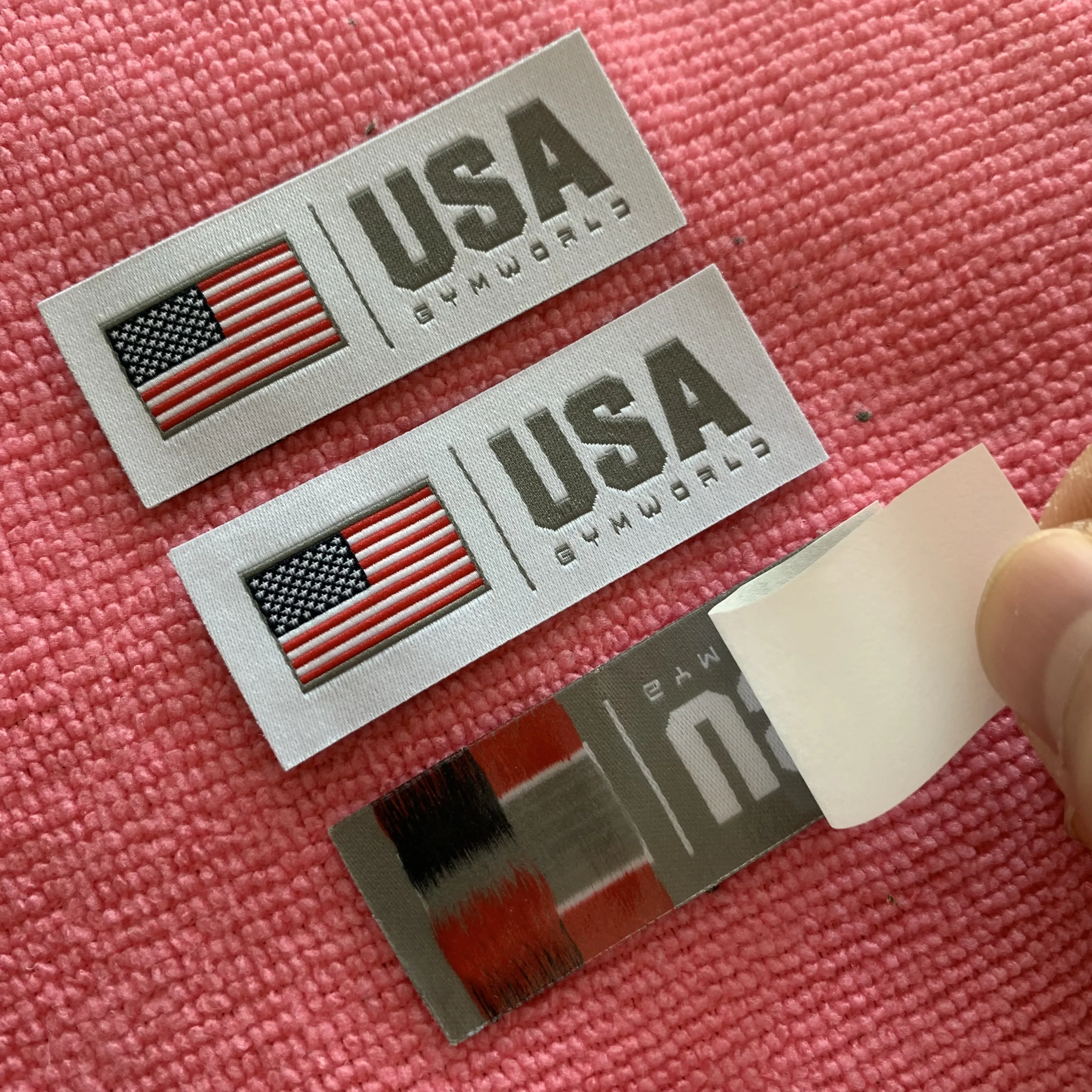 washing care information heat press woven label,high quality weaving logo iron on clothing label