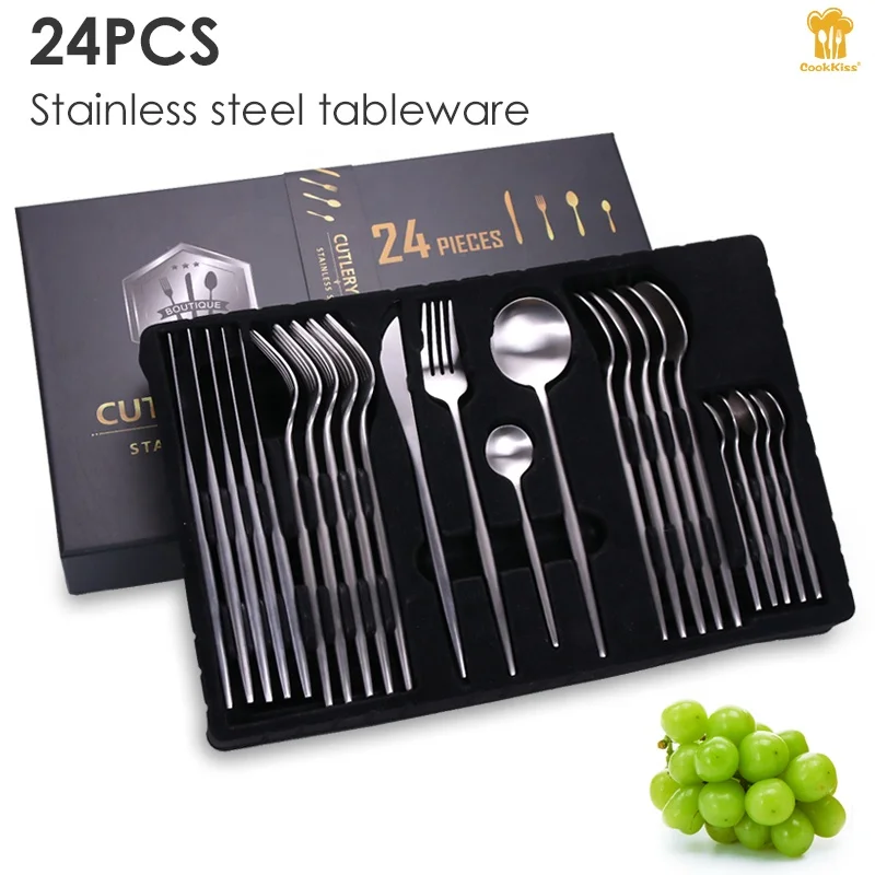A6061 Luxury 24Pcs Cutlery Set Fine Stainless Steel Wedding Fork Spoon Knife Brushed Gold Flatware Set