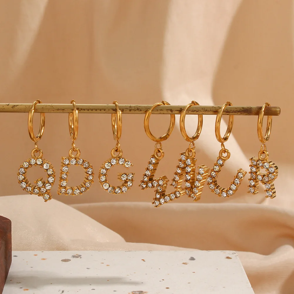 Custom Trendy Fashion Accessories 18k Gold Stainless Steel Hoop Earring Letter B Zircon Earrings For Women