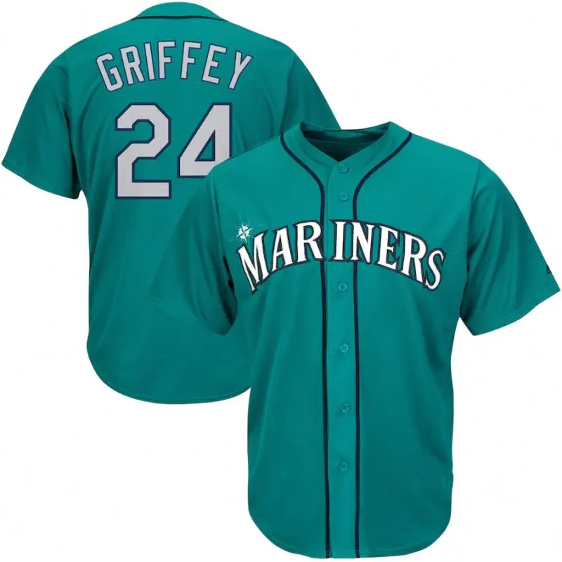 100% Polyester Seattle Aqua Gray-Navy 24 Griffey  Mariners Baseball Uniform Jersey