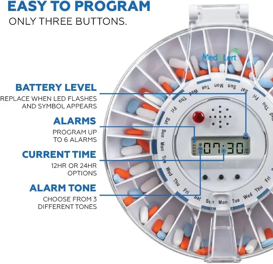 Premium Locking Automatic Pill Dispenser 28 Slot Electronic Medication Organizer (Clear and Solid White Lids)