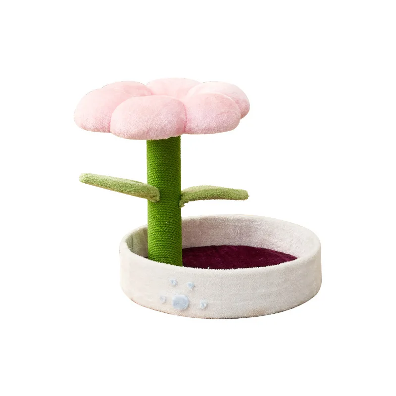 Luxury Large Cat Tree Tower Solid Wood and Soft Velvet Sisal Scratching Post with Woolen Flower for Kitten Climbing