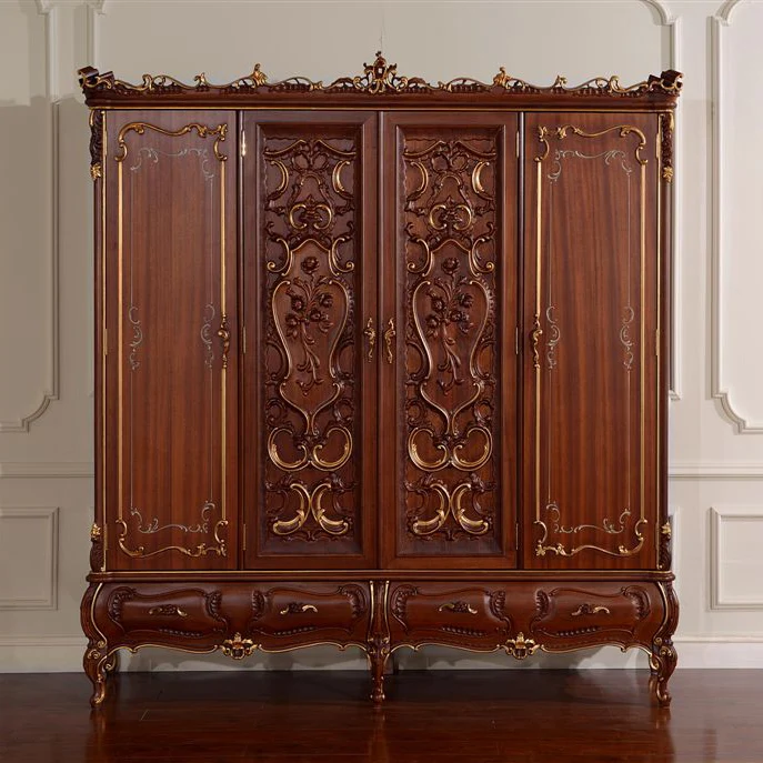 European solid wood painted gold door sliding door wardrobe French bedroom storage cabinet