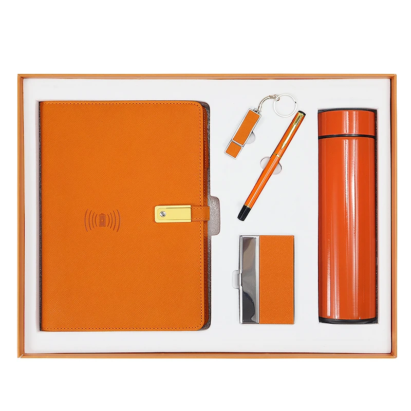 Wholesale orange gift sets 5 in 1  orange color Thermos cup gifts set Notebook USB Pen Drive Name Card Case Corporate Gift Set