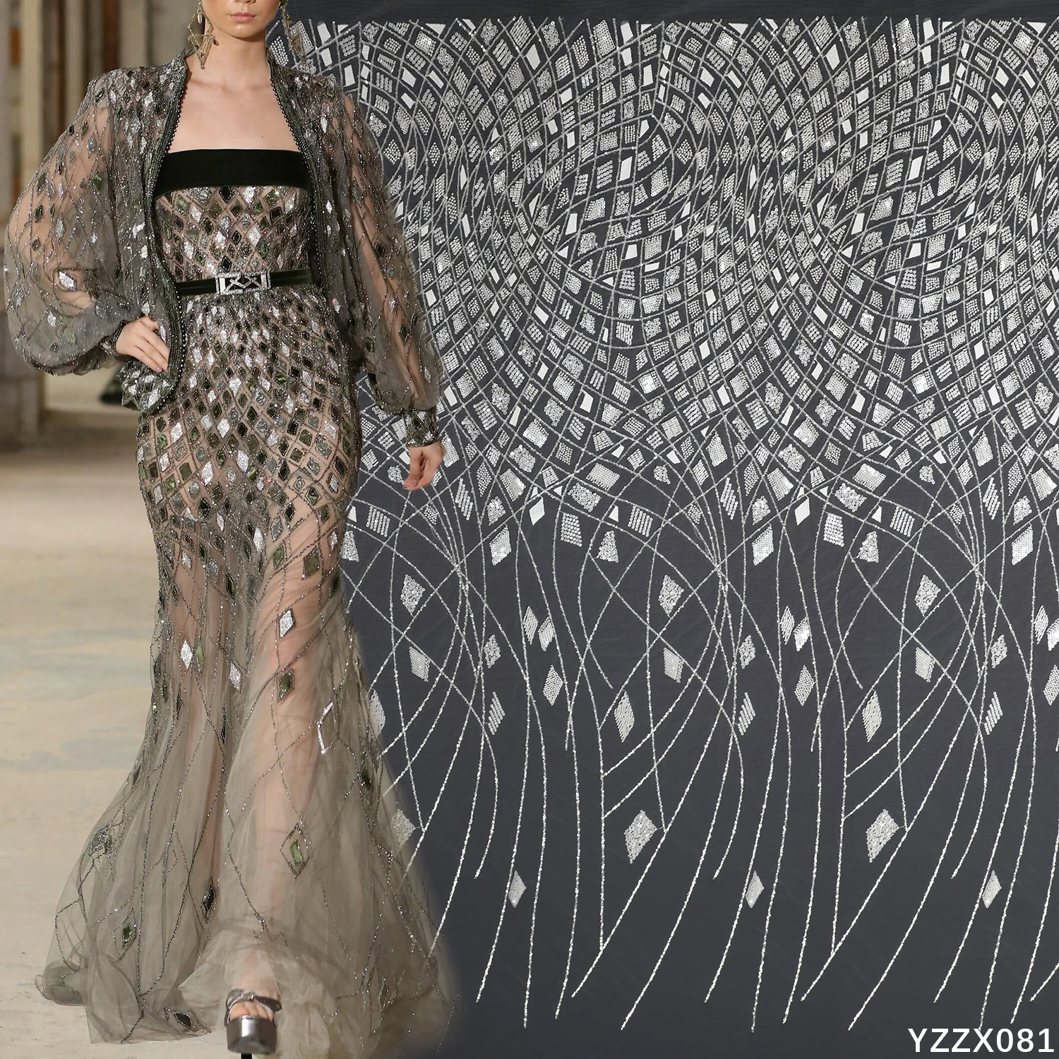 ZX081 Crystal Shining Sequin Lace Fabric in Geo Pattern, Machine Embroidery Beading Lace Wholesale Supply