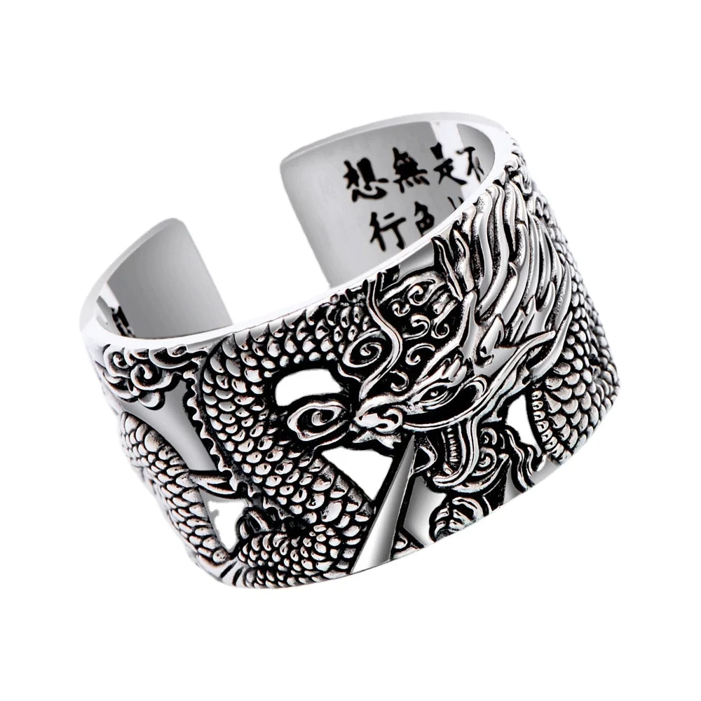 Серебряные мужские байкерские кольца из натурального 925 с летающим драконом винтажные хип-хоп в стиле «Сердце Сутра» гравировкой буддизма ювелирные изделия животными