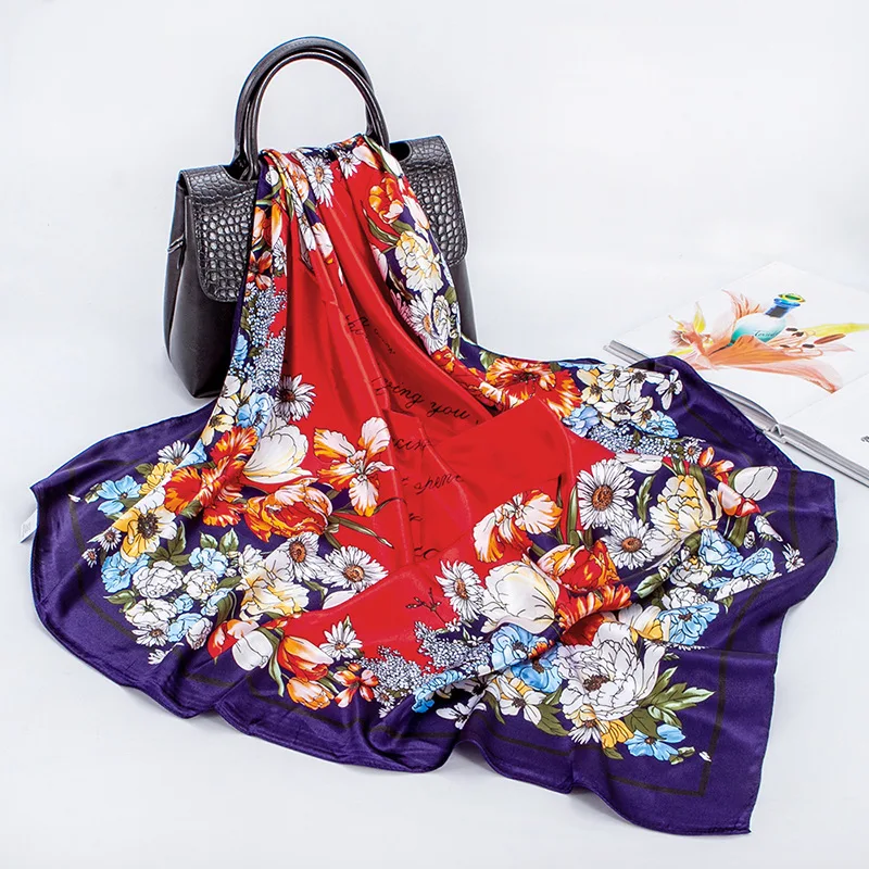 Женский шелковый шарф с цветочным принтом, 90x90 см