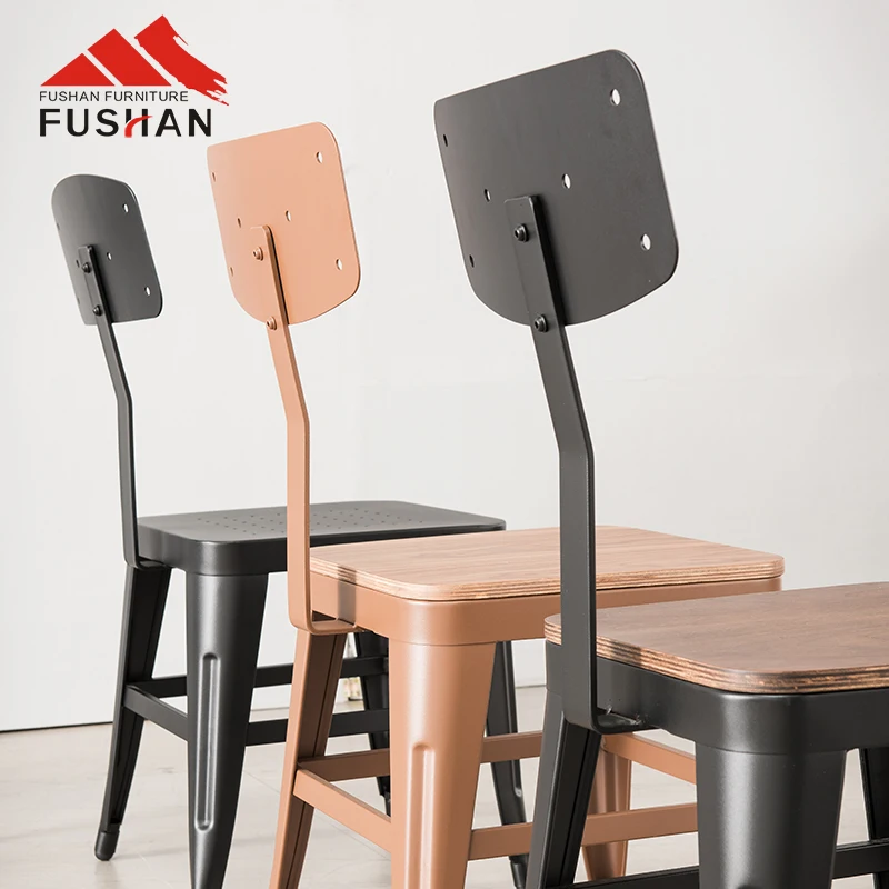 Vintage industrial style modern cafe bistro chairs wooden seat restaurant furniture black metal chair dining