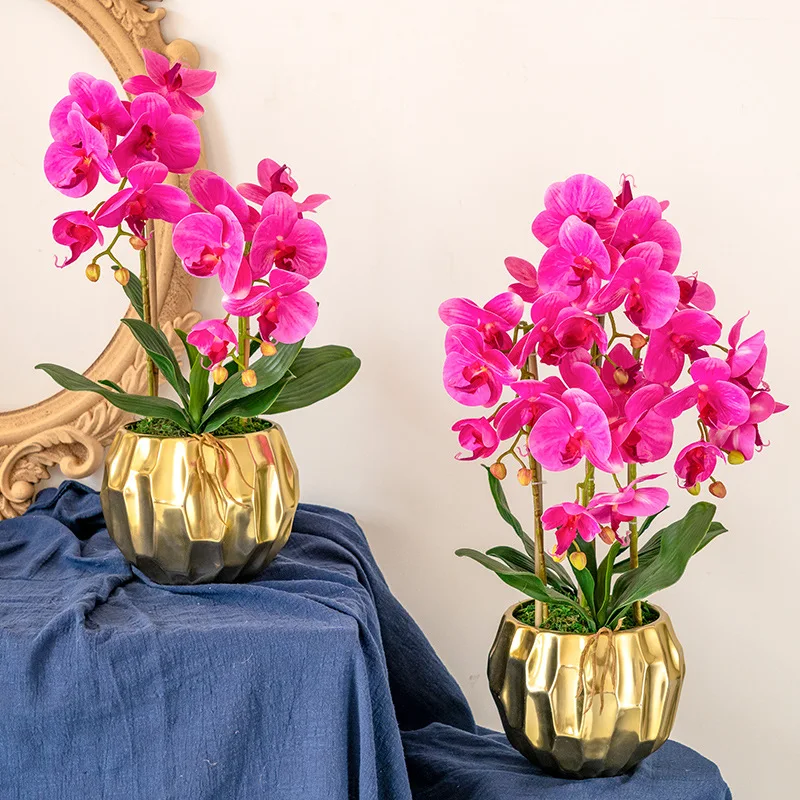 Home Decor Phalaenopsis Artificial Flower Orchid Fake Flower Plant in Gold Pot