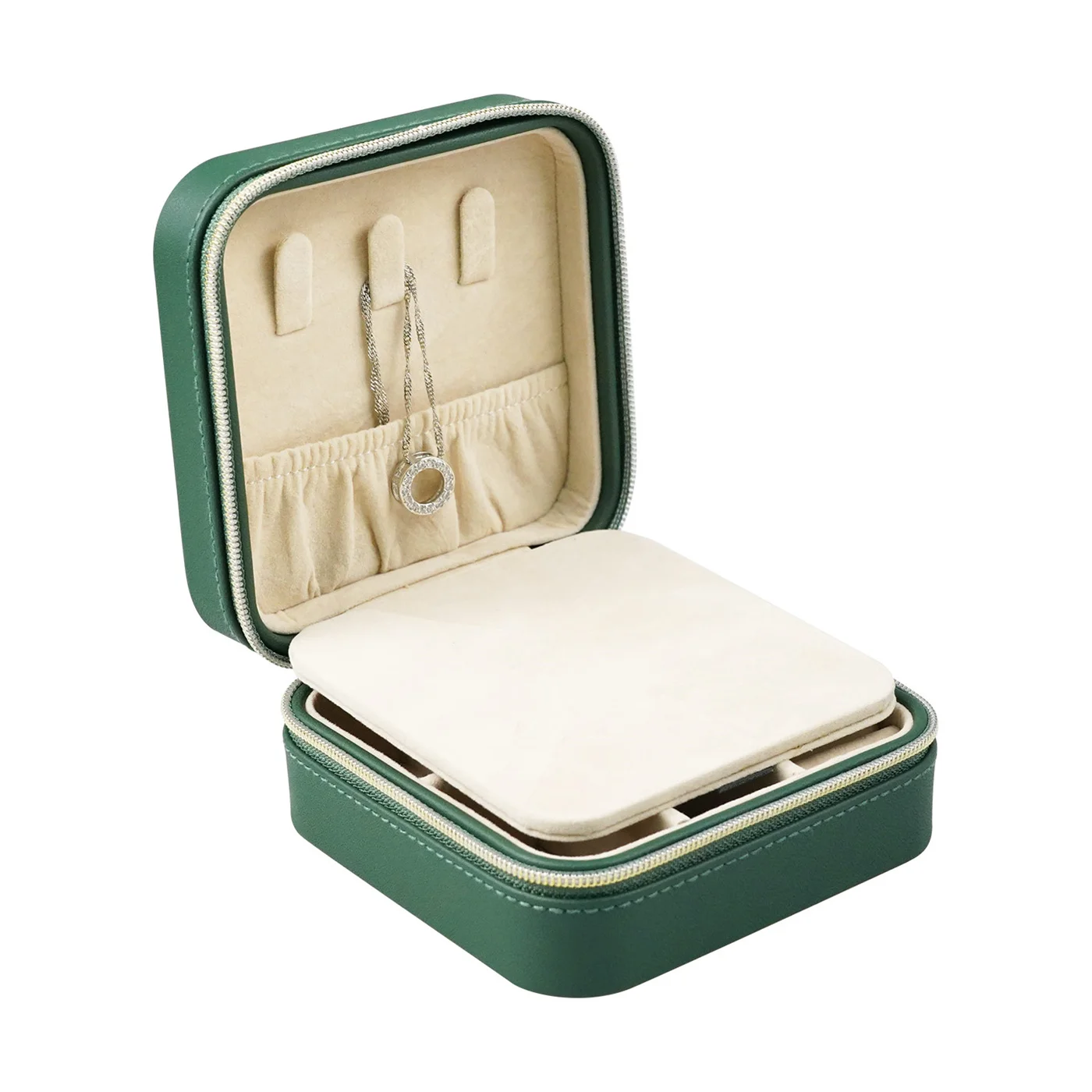 Wholesale custom logo set silk low moq velvet round necklace mini green resin ring light jewelry box with monitor